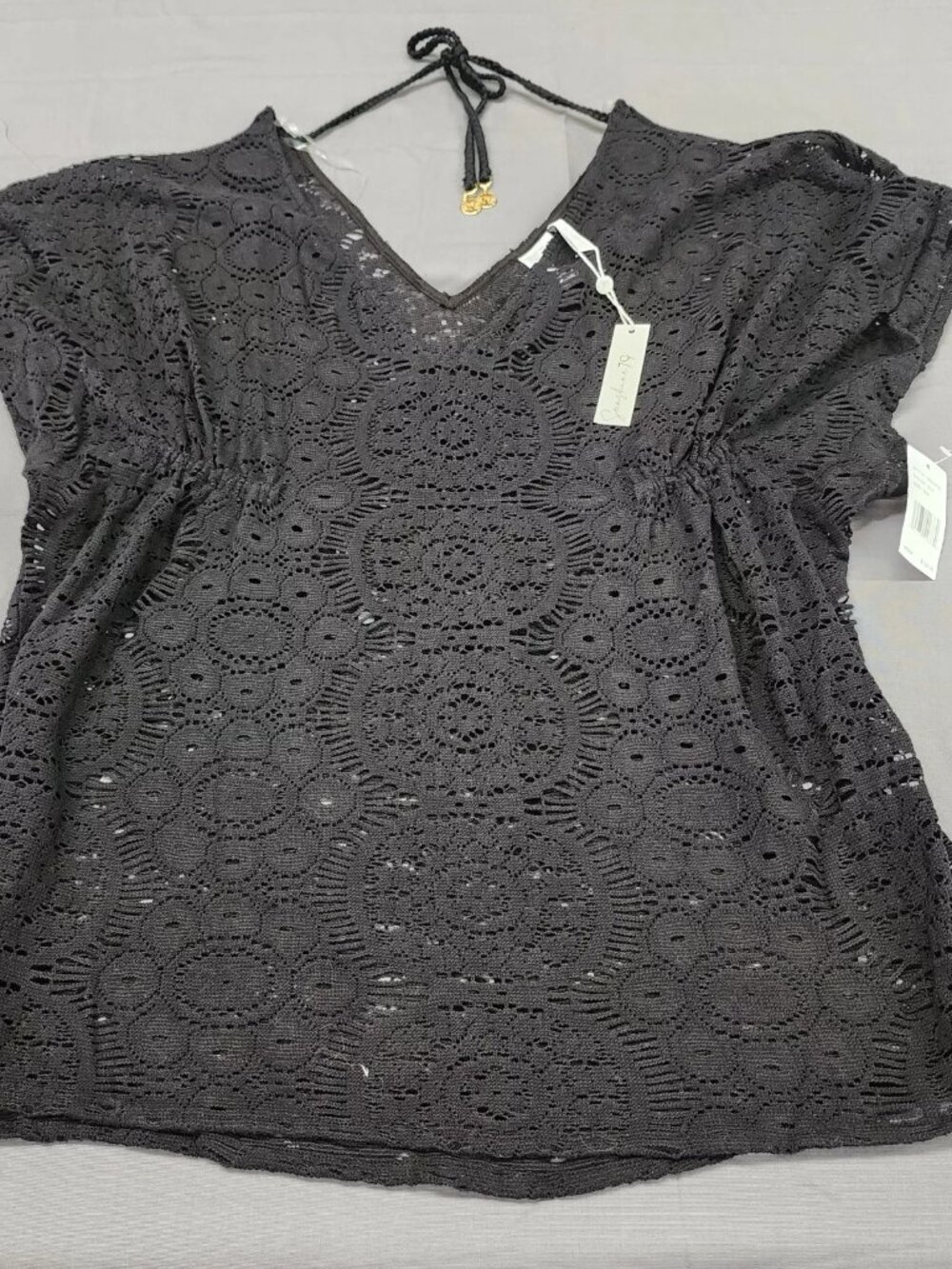 Sunshine 79 Black Crochet Open Knit Swim Cover Up Tunic Drawstring Size S/M